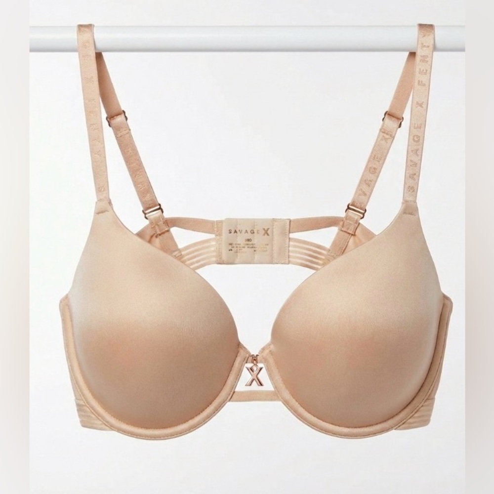 Savage X Fenty Microfiber T-Shirt Bra 36D Nude Beige Rose Gold Charm Caged Back